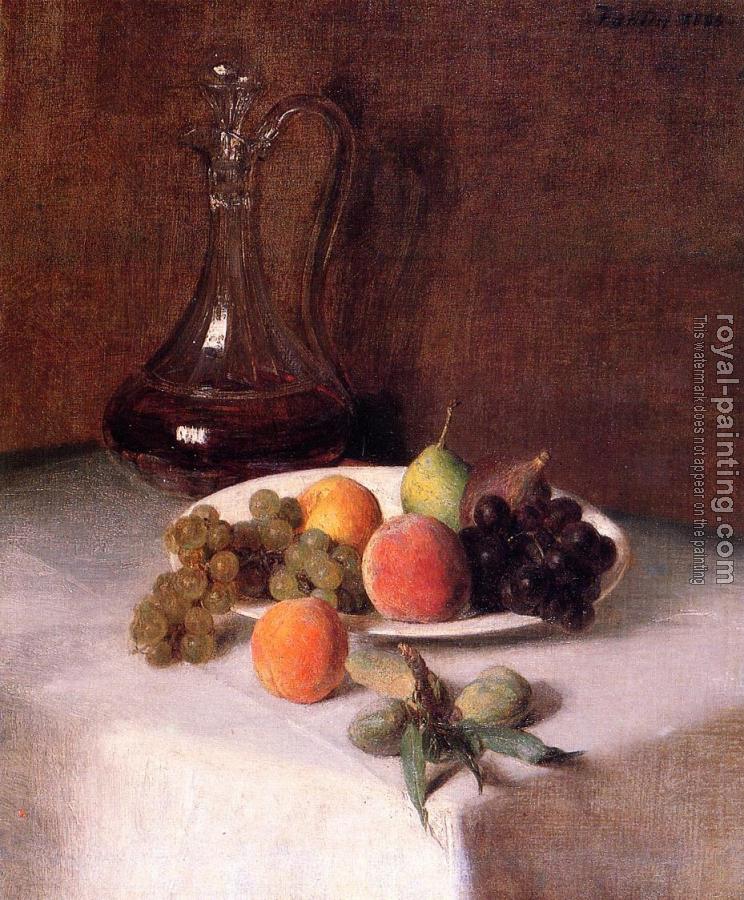 Henri Fantin-Latour : A Carafe of Wine and Plate of Fruit on a White Tablecloth